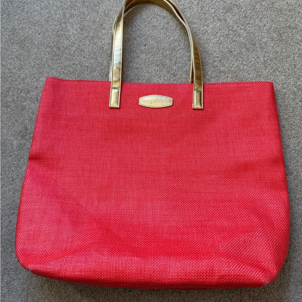 Tommy Bahama Large Woven Beach Tote Bag Red Gold Handles Resort Travel Bag